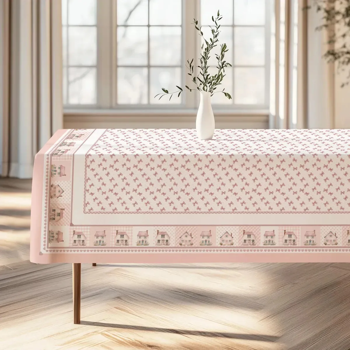 Toalha P/ Mesa De 4 Lugares - Estampa Digital Casinhas Rosê Rosa-claro Casinhas Rosê