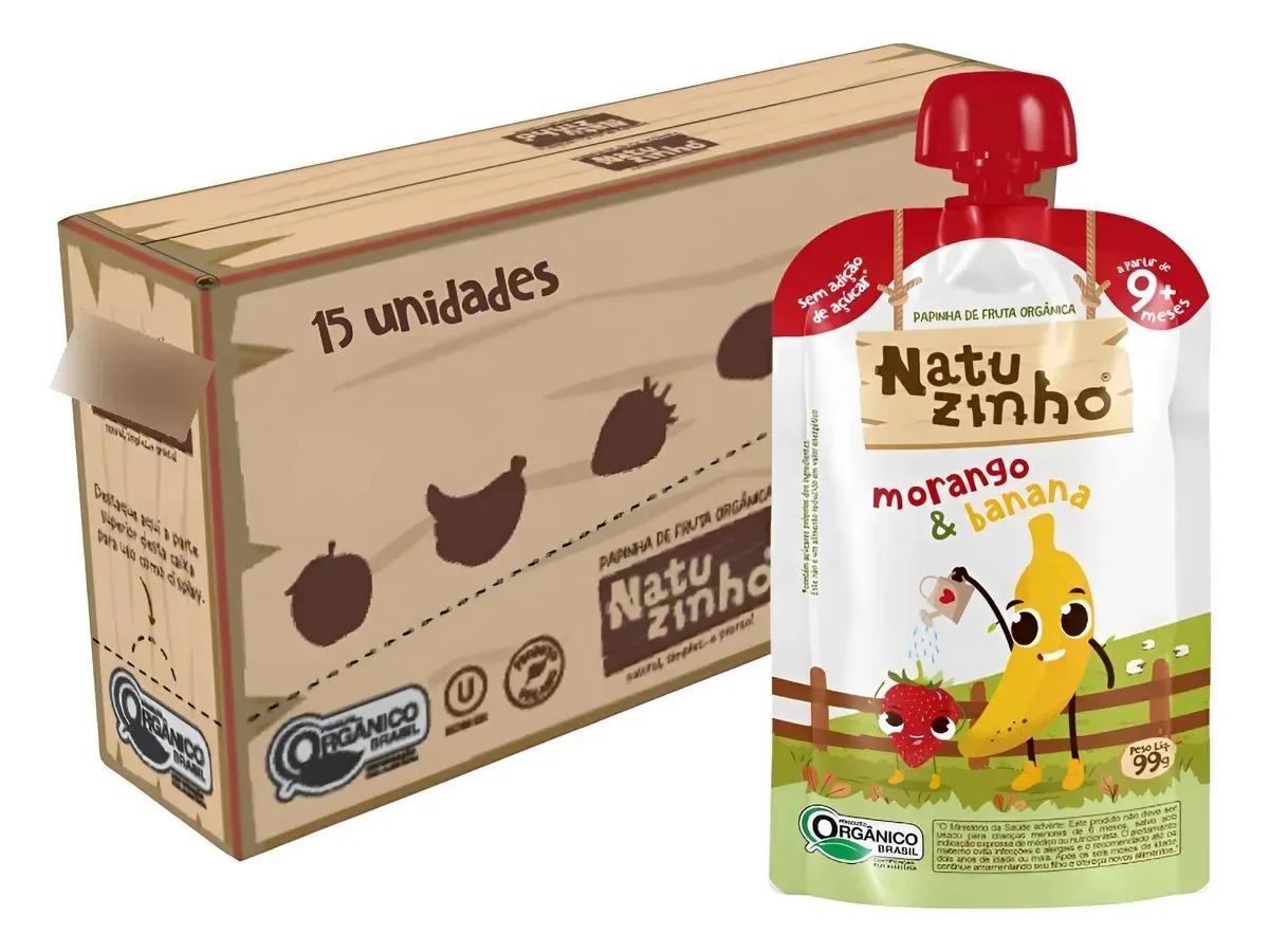 Kit Papinha Organica Natuzinho Morango Banana Bebe 15 Unid