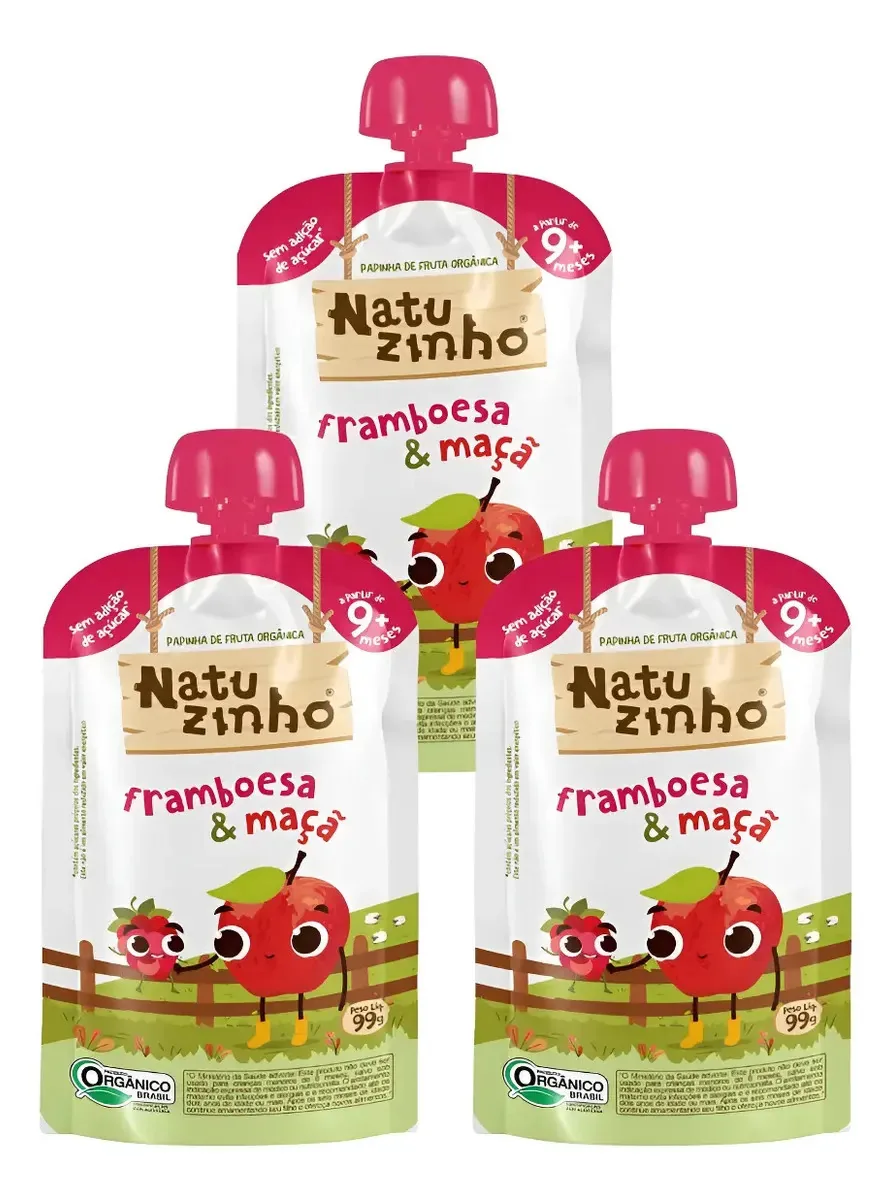 Kit Papinha Organica Natuzinho Framboesa Maça Bebe 3 Unid