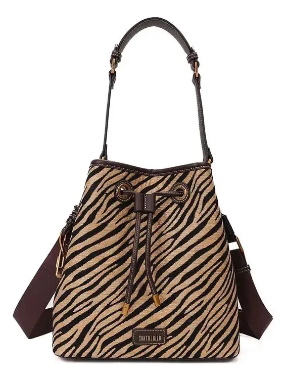 Bolsa Bucket Palha Tramado/ Tresse Santa Lolla Animal Print Zebra Palha Tramado Dourado Marrom