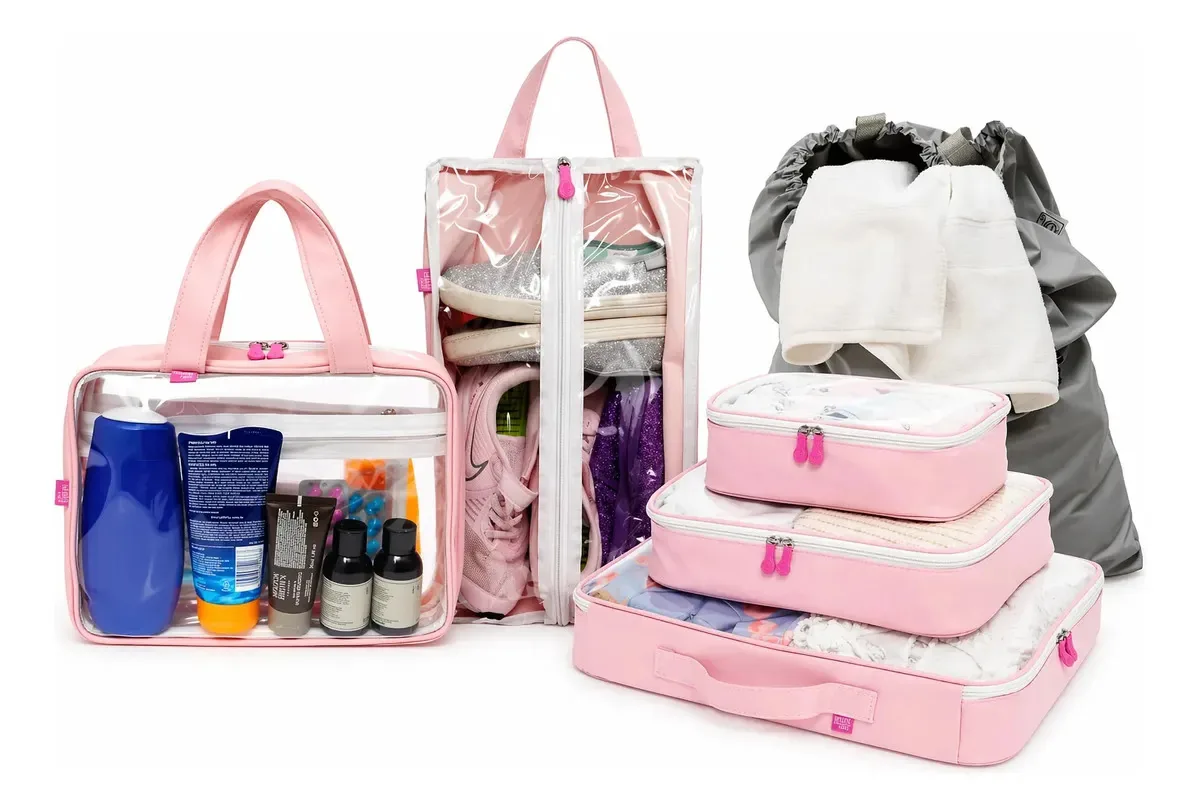 Kit Viagem 1 Necessaire + 5 Organizadores De Roupa E Calçado Rosa