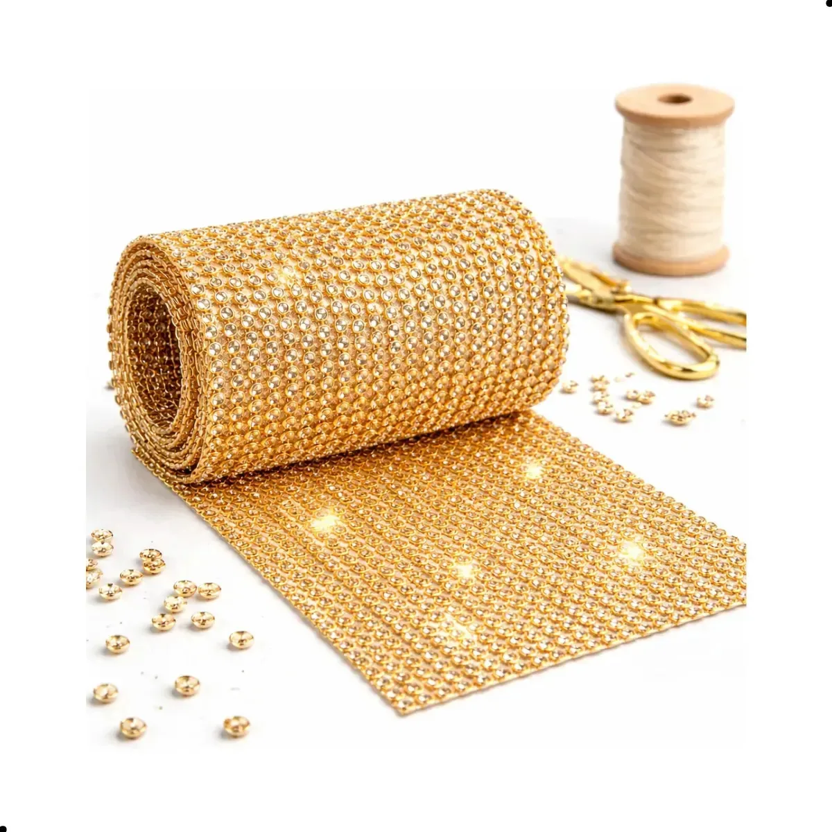 Manta De Strass Auto Brilho Termocolante Dourada 10x45cm Premium - Base Para Artesanato Roupas Sapatos E Decoração - Kit Cristal Hotfix