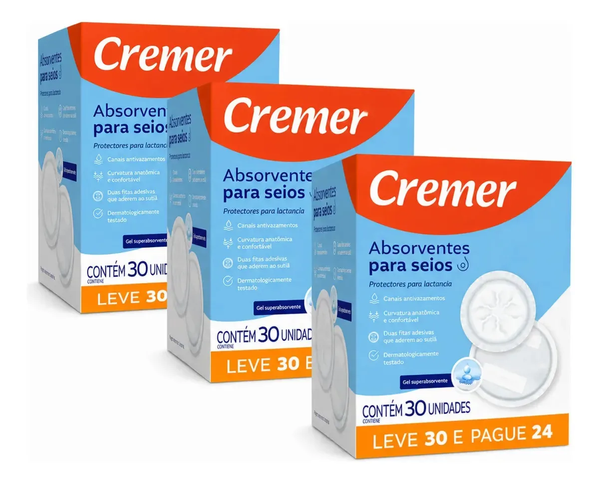 Kit 3 Caixas De Absorvente Para Seios Cremer Toque Suave Gel Superabsorvente Antivazamento Anatomico Respiravel Com Adesivo Para Amamentacao
