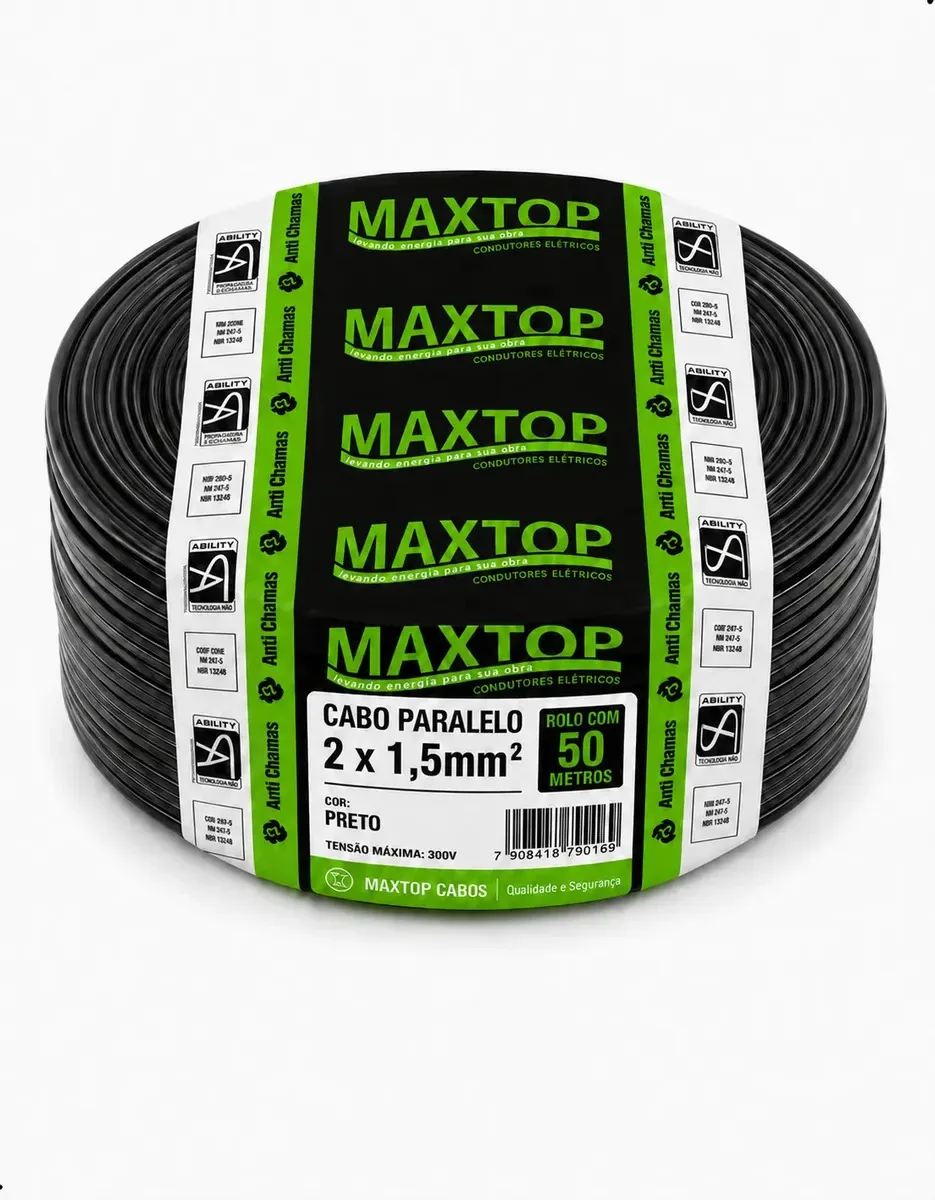 Cabo Paralelo Preto 2x1,5mm² 50 Metros Branco 2 Vias Flexível PVC Para Instalações Elétricas Iluminação Extensões Ligações de Equipamentos Baixa Tensão