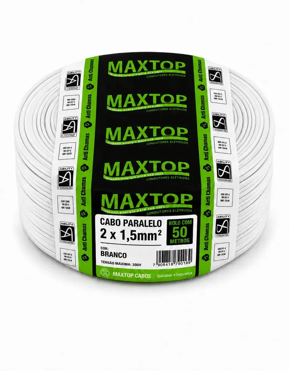 Cabo Paralelo Branco 2x1,5mm² 50 Metros Flexível PVC 2 Vias Para Instalações Elétricas Residenciais Comerciais