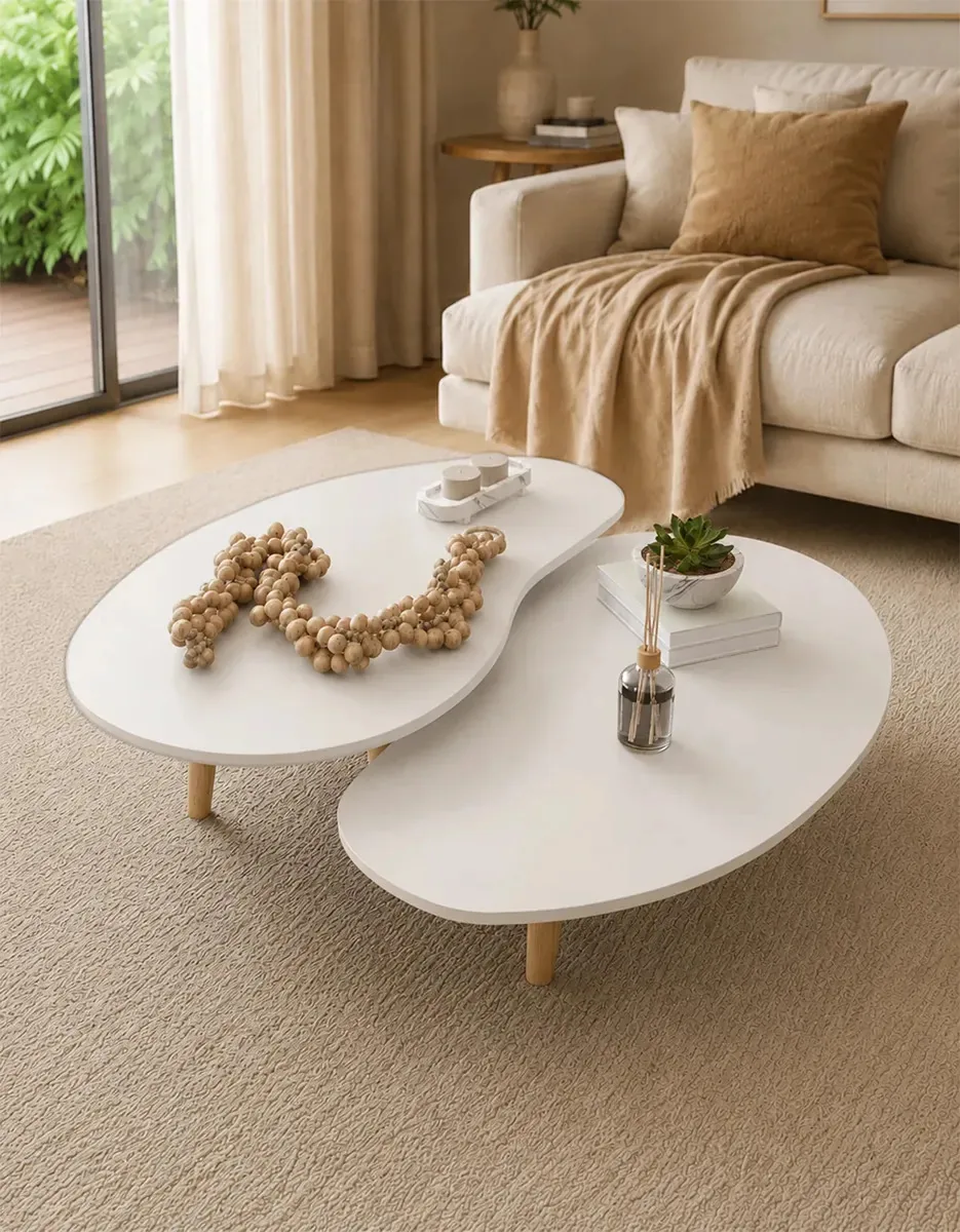 Kit Mesas De Centro Sala Design Orgânico Pé Palito Madeira Off White