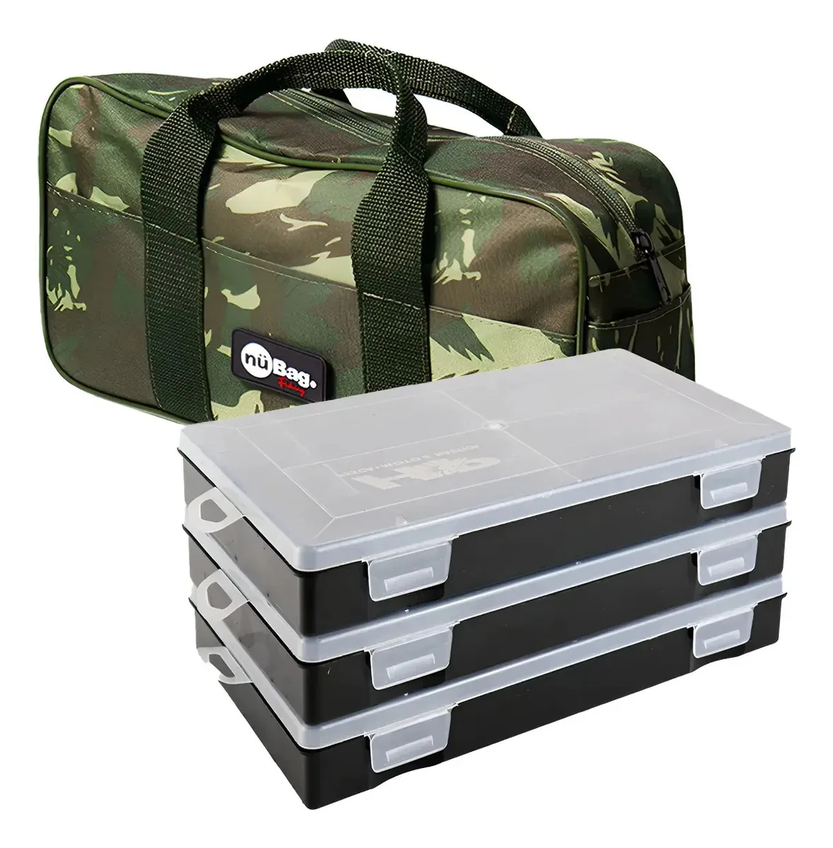 Kit Camping E Pesca Bolsa Camuflada + 3 Estojos Versáteis Kit Para Pesca Bolsa Camuflado Organizador E Organizado De Plástico Com Divisórias