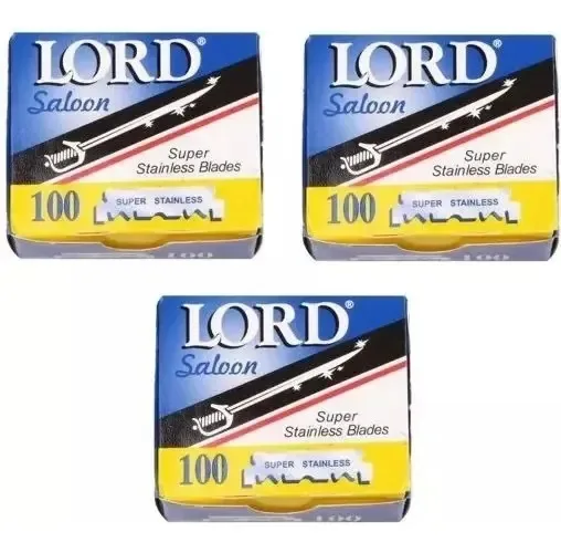 3 Caixas Com 100 Lâminas Lord Azul Cortada Para Barbeiro