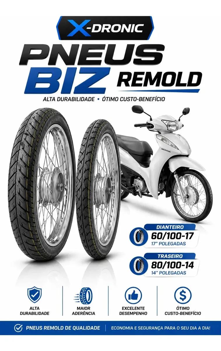 2 Pneus Xdronic Ecologico para Moto Biz, Dianteiro 60/100-17 e Traseiro 80/100-14