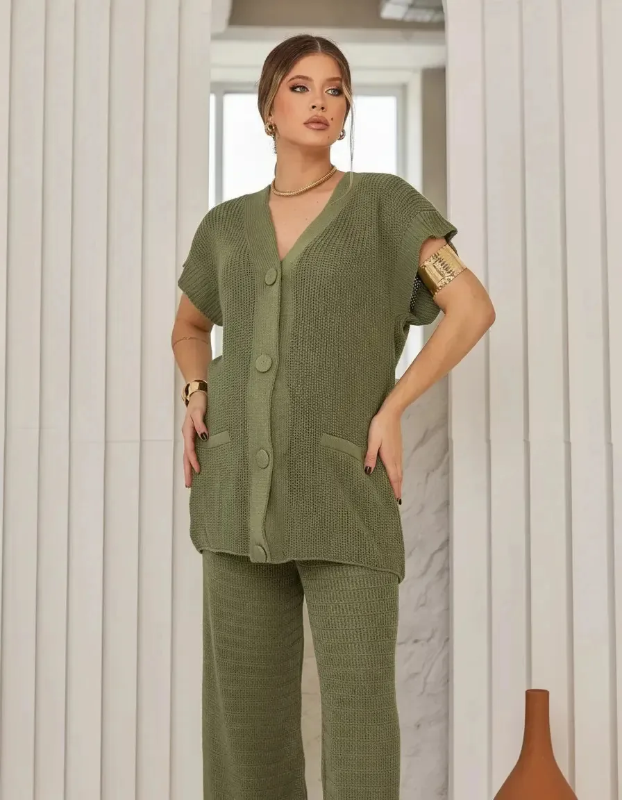 Conjunto Grávida Tricô Gestante Verão Colete Calça Natal Cor Verde-musgo