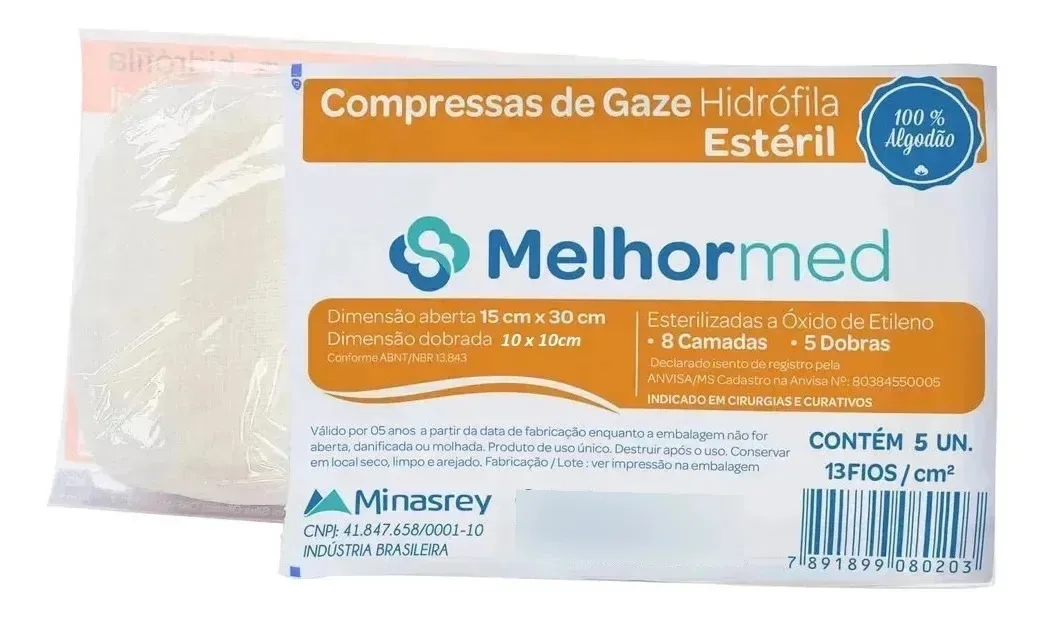 Compressa De Gaze Estéril 10x10 13 Fios 5 Pacotes