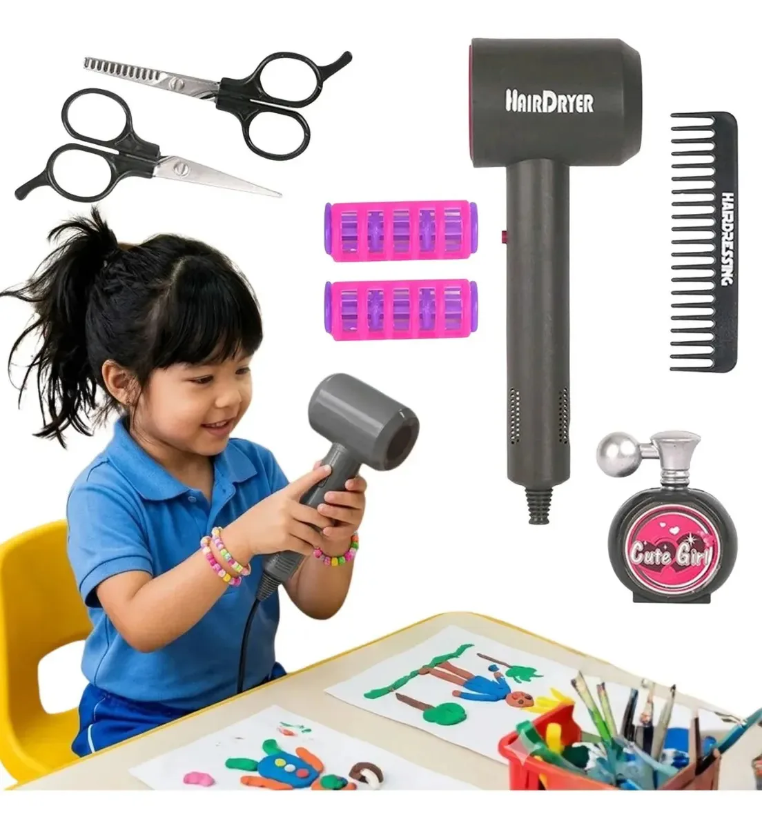 Kit De Acessórios De Beleza De Brinquedo C/ Secador Elétrico