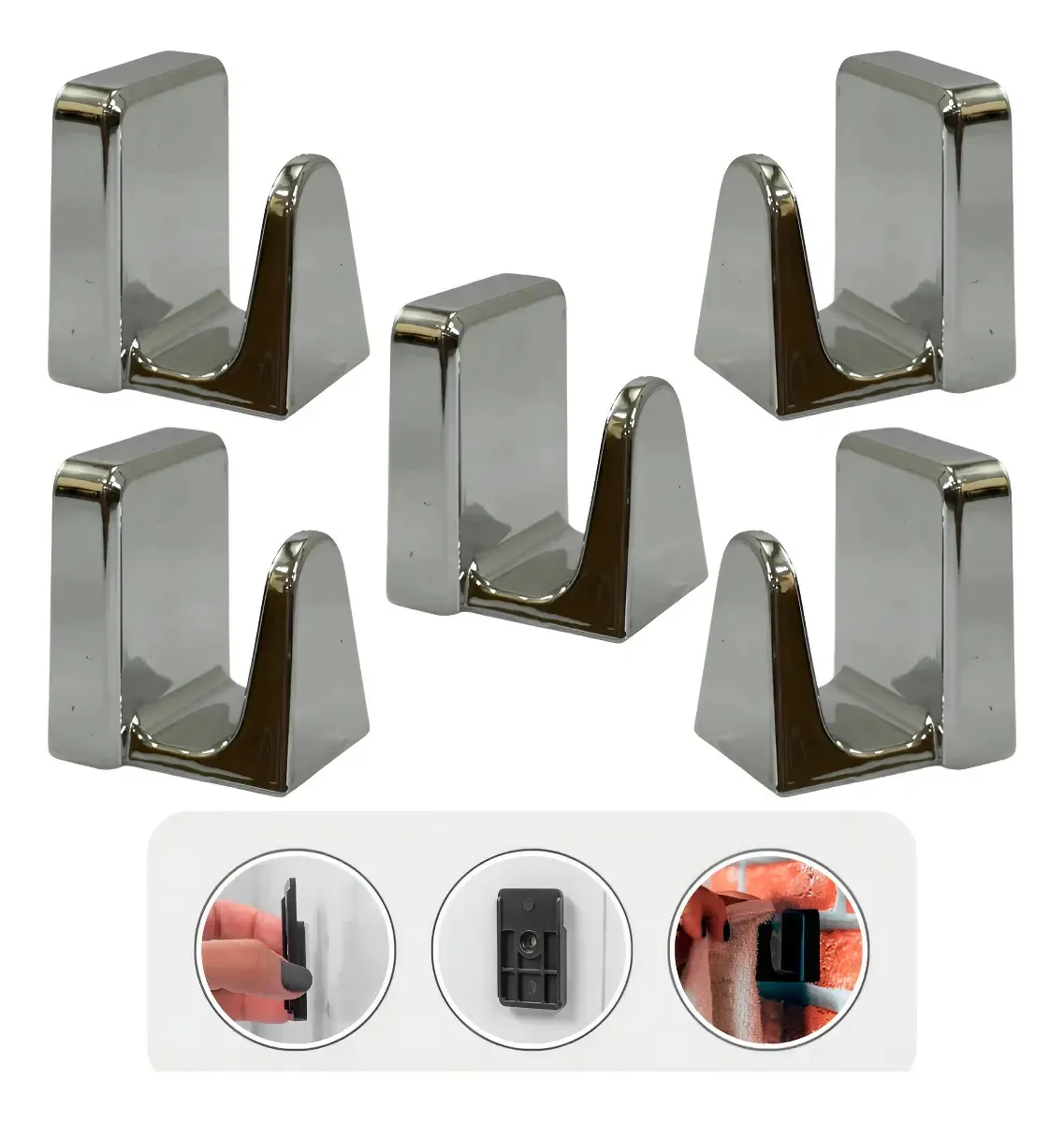 Kit 5 Suportes Autoadesivos Para Toalhas Bolsas E Chapéus Cor Cromado