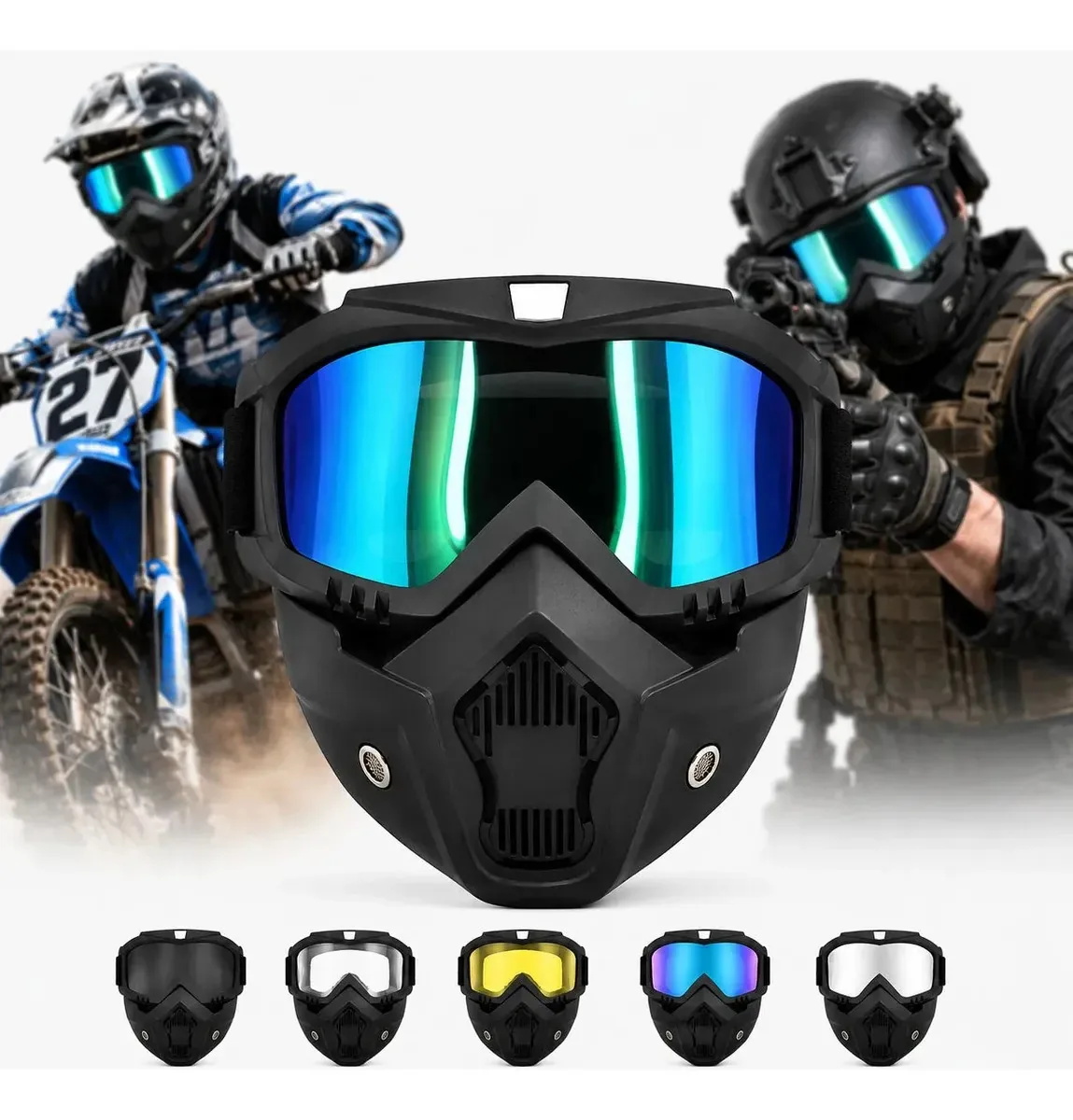 Máscara Óculos Motocross Paintball Motociclista Bike 2 Em 1 Azulado