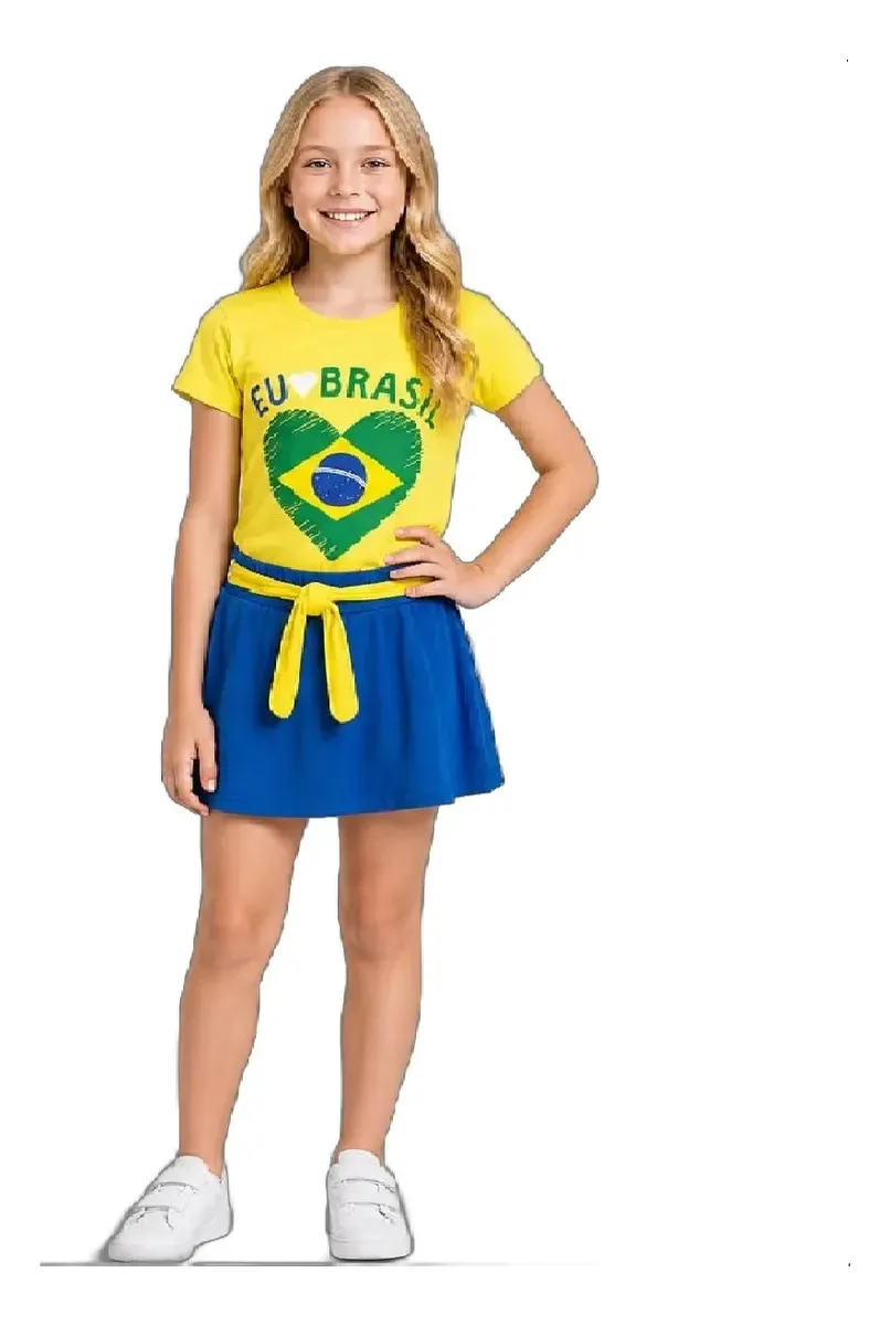 Conjunto Blusa E Shorts Saia Brasil Menina Copa Do Mundo Amarelo 12