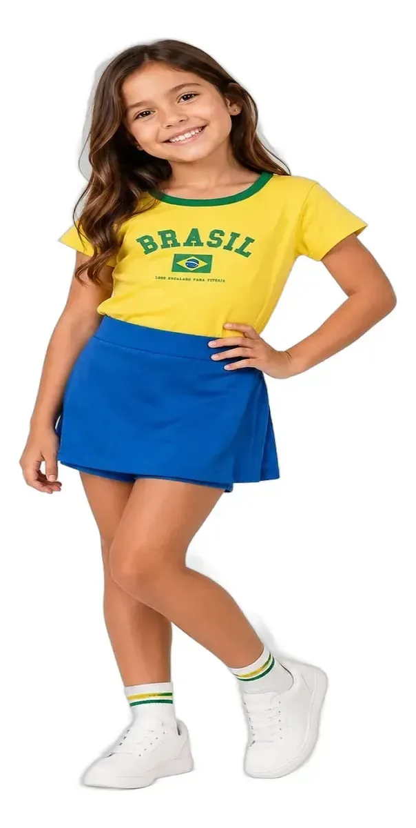 Conjunto Brasil Menina Blusa E Shorts Saia Copa Do Mundo Amarelo 08