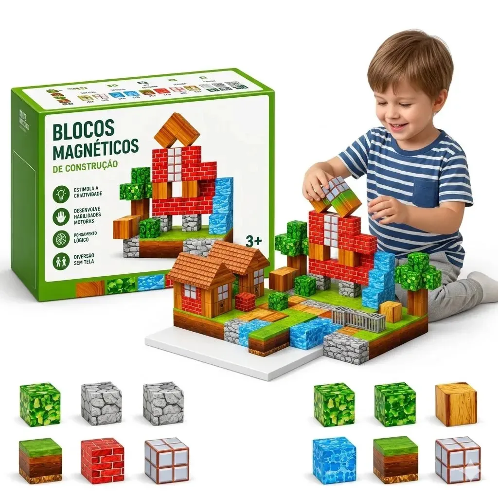 Kit 125 Blocos Imã Magnéticos Construção Tipo Minecraft Montar Empilhamento Cubo Infantil Brinquedo Educativo