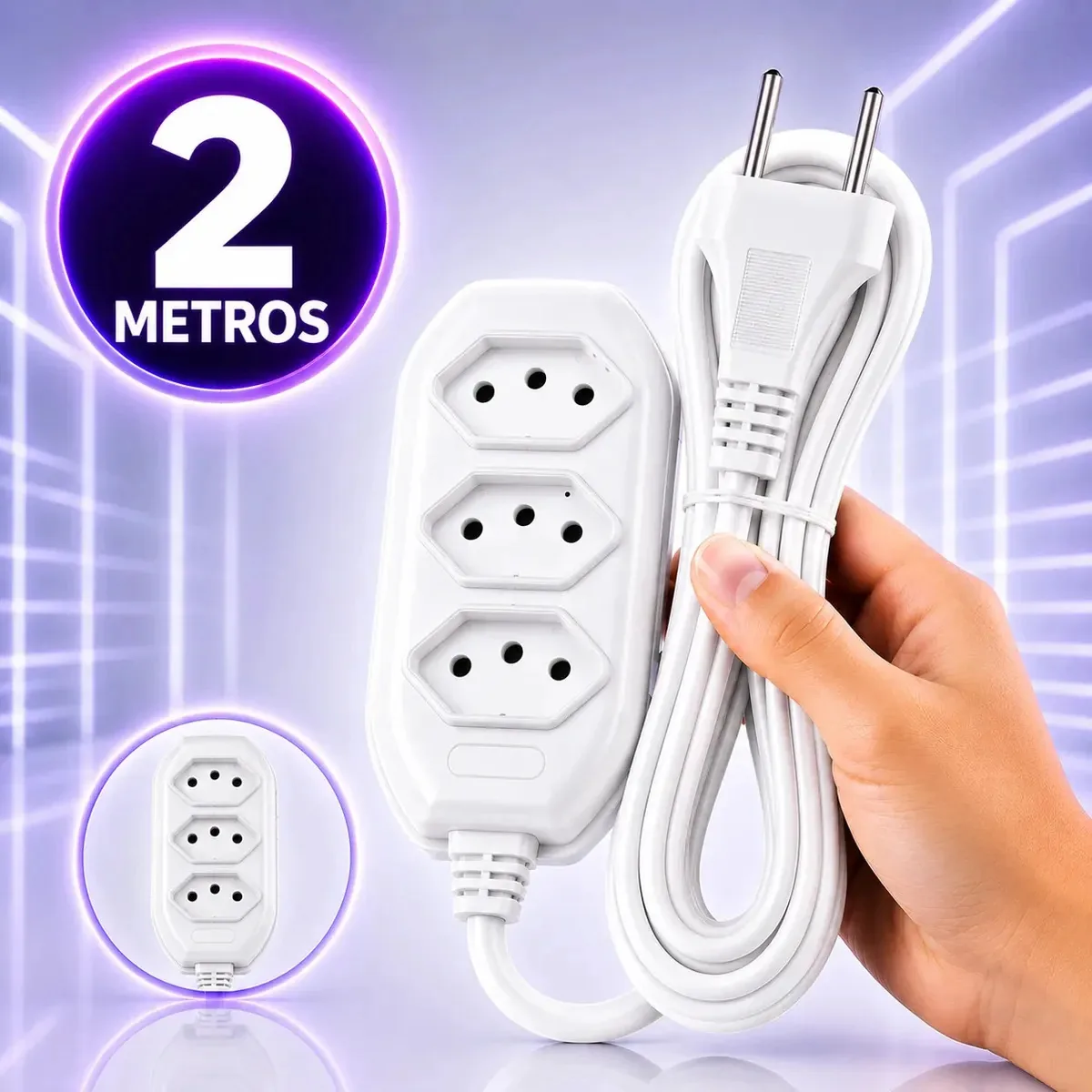 Extensão Elétrica 2 Metros Branca 3 Tomada Tripolar Bivolt 20vinte