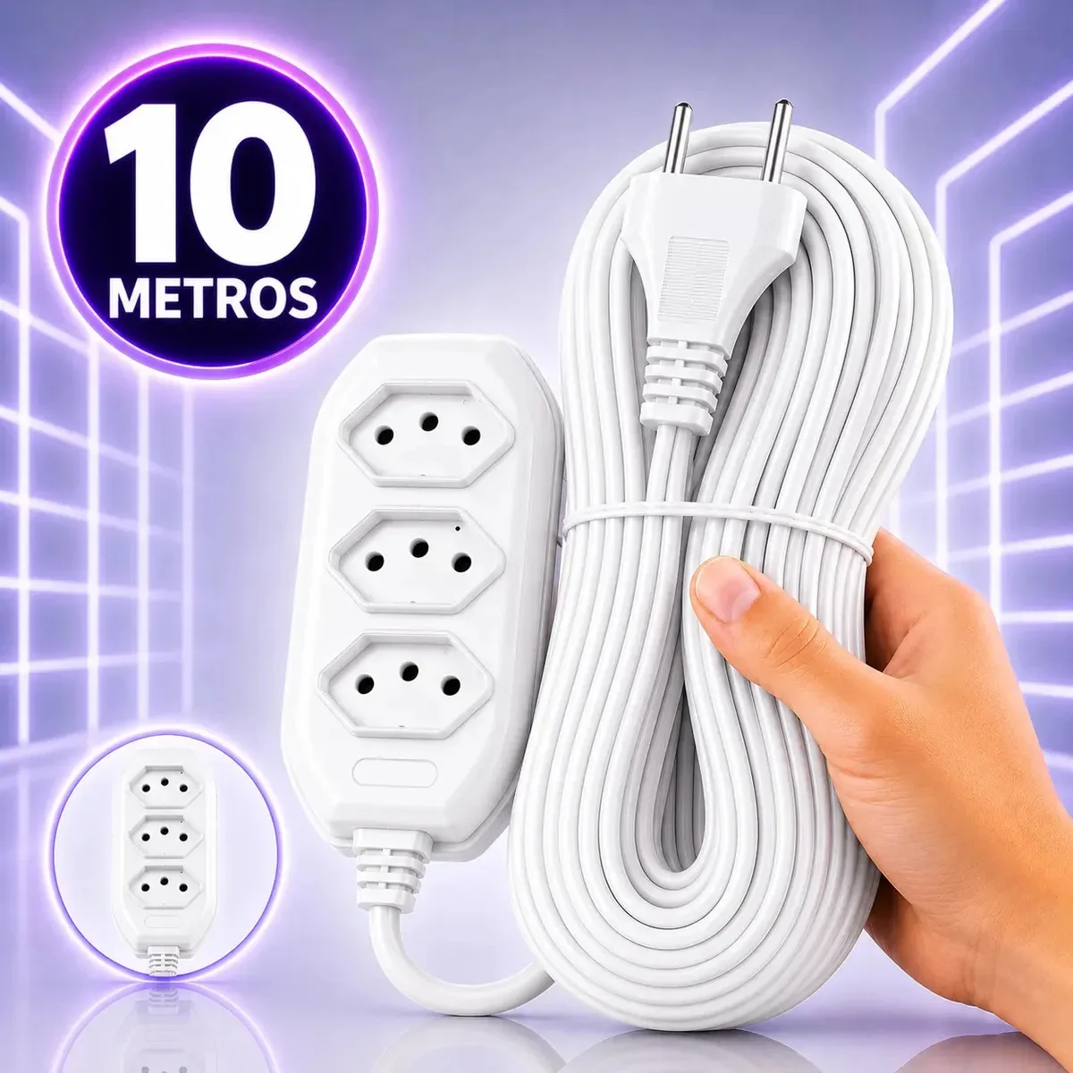 Extensão Elétrica 10 Metros Branca 3 Tomada Tripolar Bivolt 20vinte