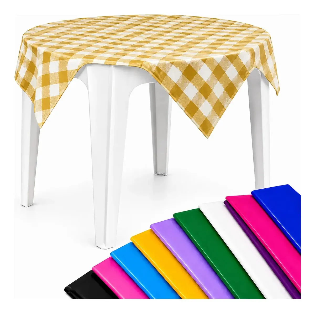 10 Toalhas Mesa Perolizadas 78x78 Descartável Festas Xadrez Dourado