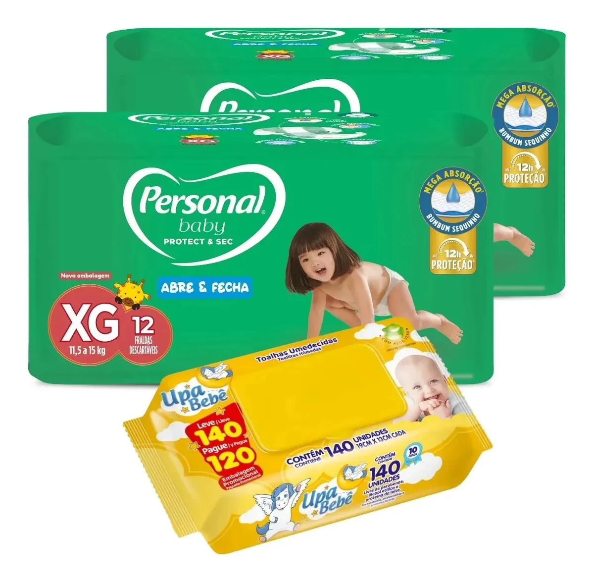 Kit 2 Fraldas Personal Baby + Lencinhos Umedecidos Upa Bebê Xg - 11,5 Até 15 Kg