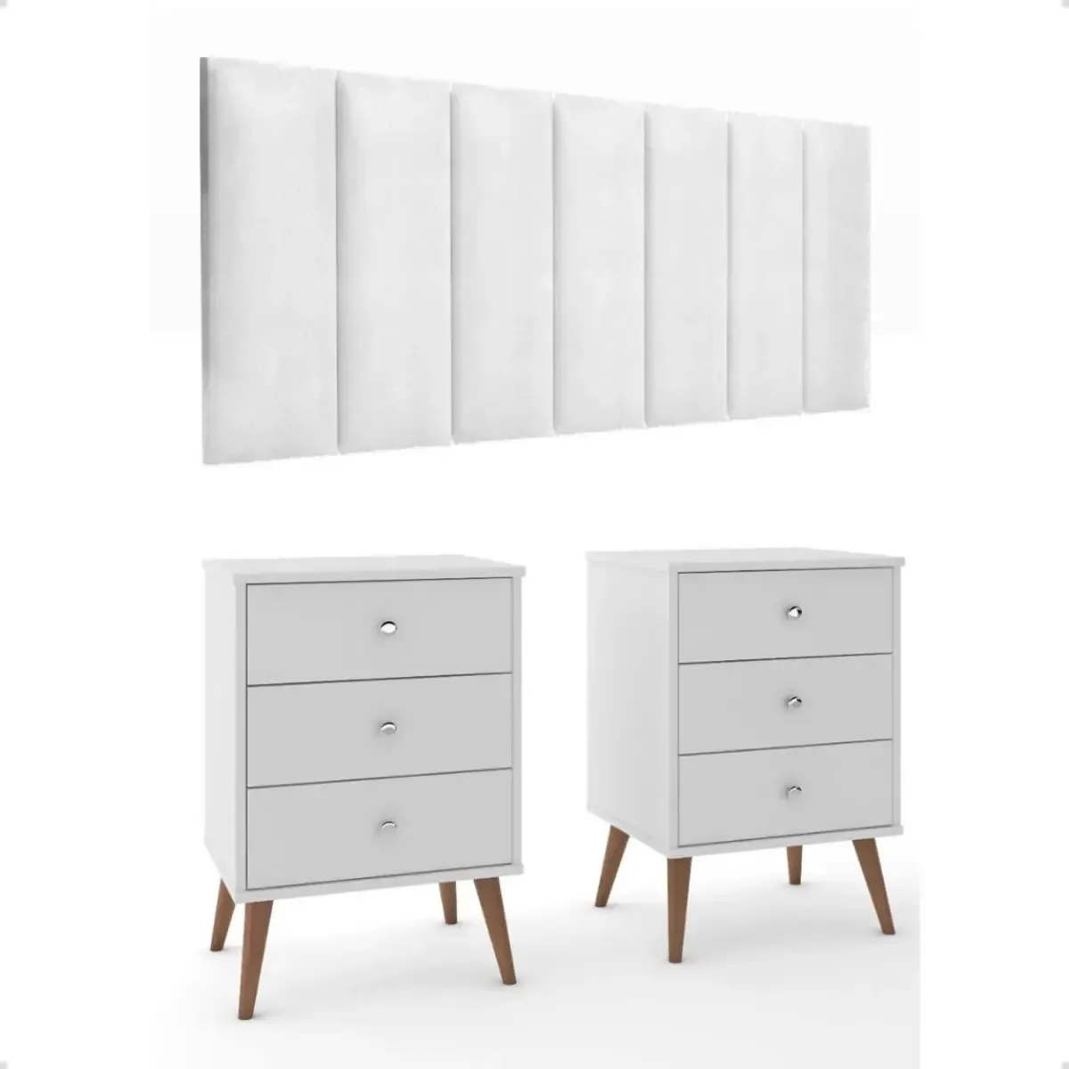 Kit Quarto 2 Mesas Cabeceira Mix 3 Gaveta E Cabeceira 1,60 Acabamento Brilhante Cor Branco