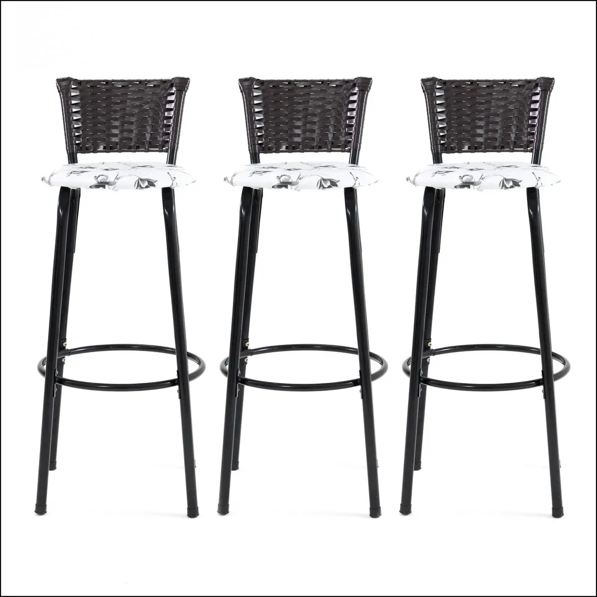 Kit 3 Banquetas Modernas Com Detalhe Trançado E Assento Tabaco Branco Florido