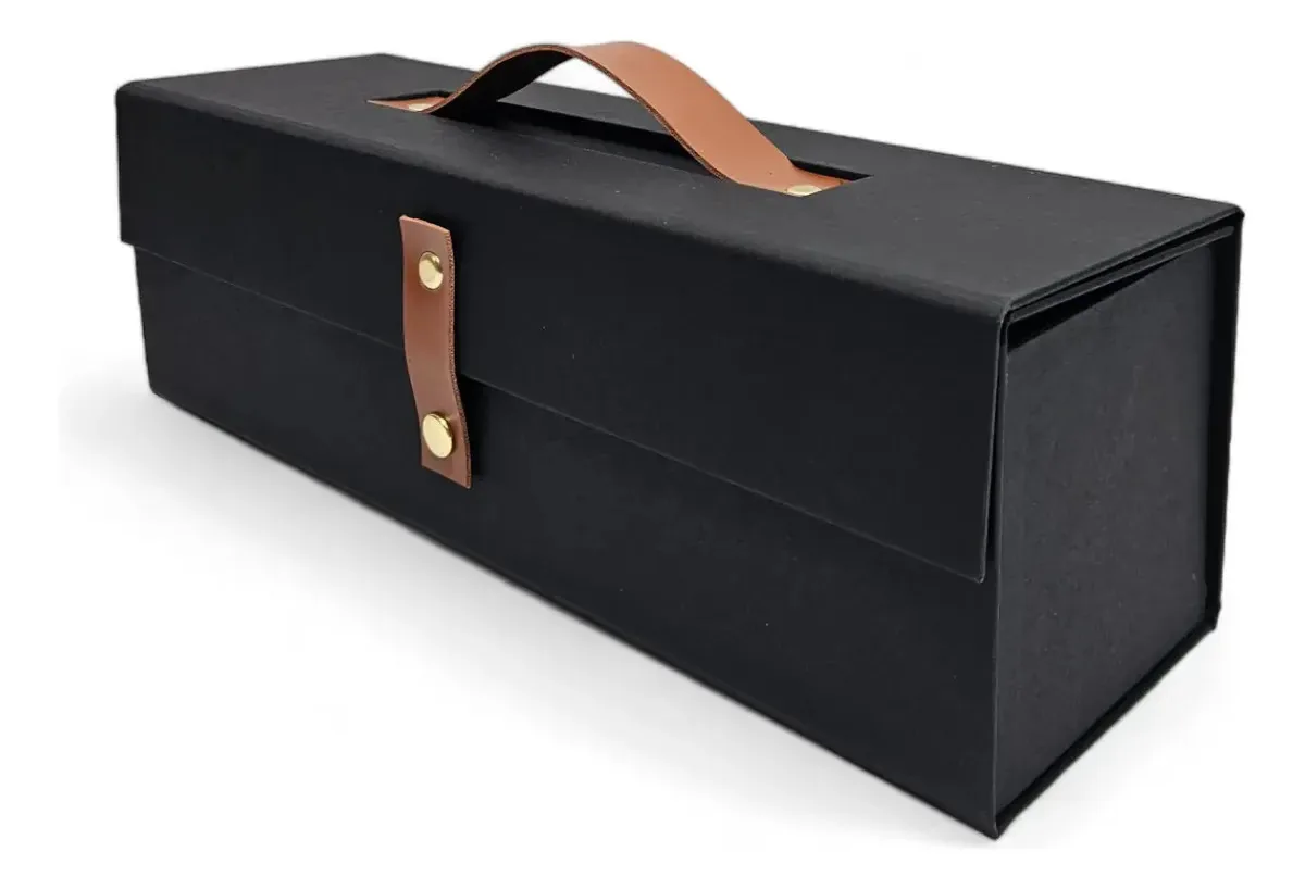 Caixa De Presente 33x10x10 Cartonada Alça Vinho/espumante Cor Preta