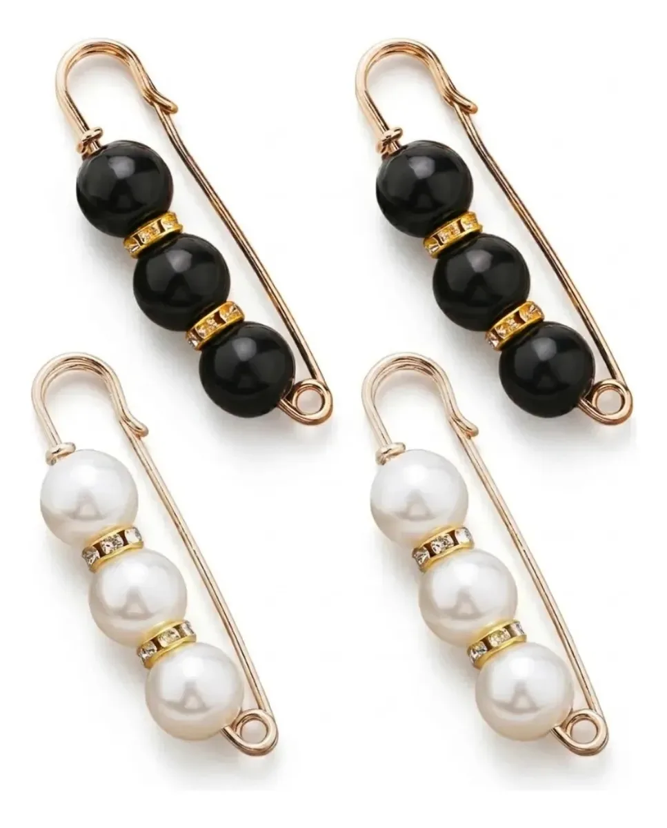 Kit 4 Broches Pérola Ajuste De Roupa Alfinete Sem Costura Branco E Preto