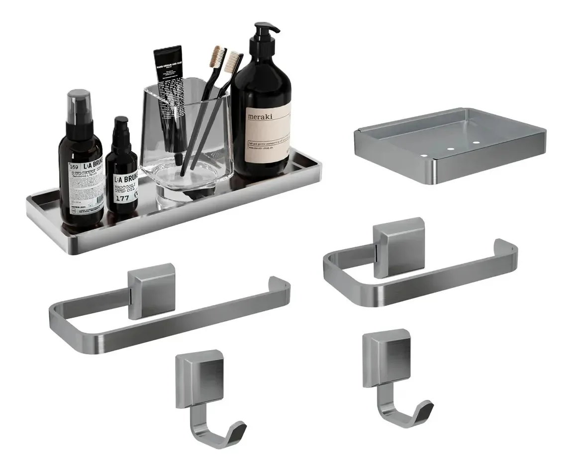 Kit Acessórios Para Banheiros Lavabo Banho Conjunto Quadrado Prateado