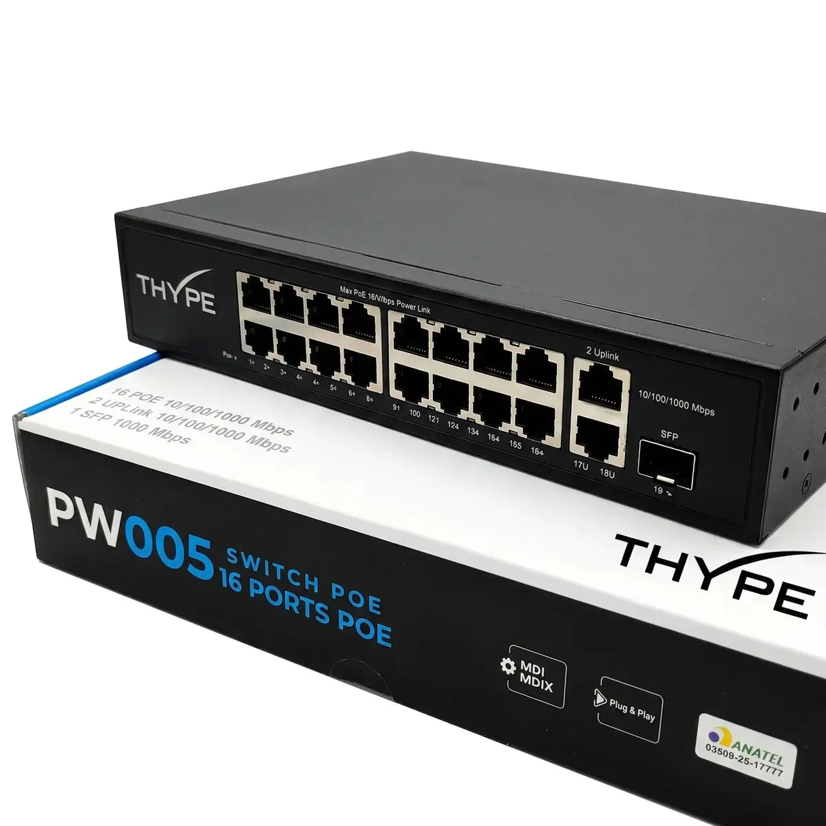 Switch Poe 16 Portas Gigabit + 2 Uplink + 1 Sfp Thype Pw005 250w