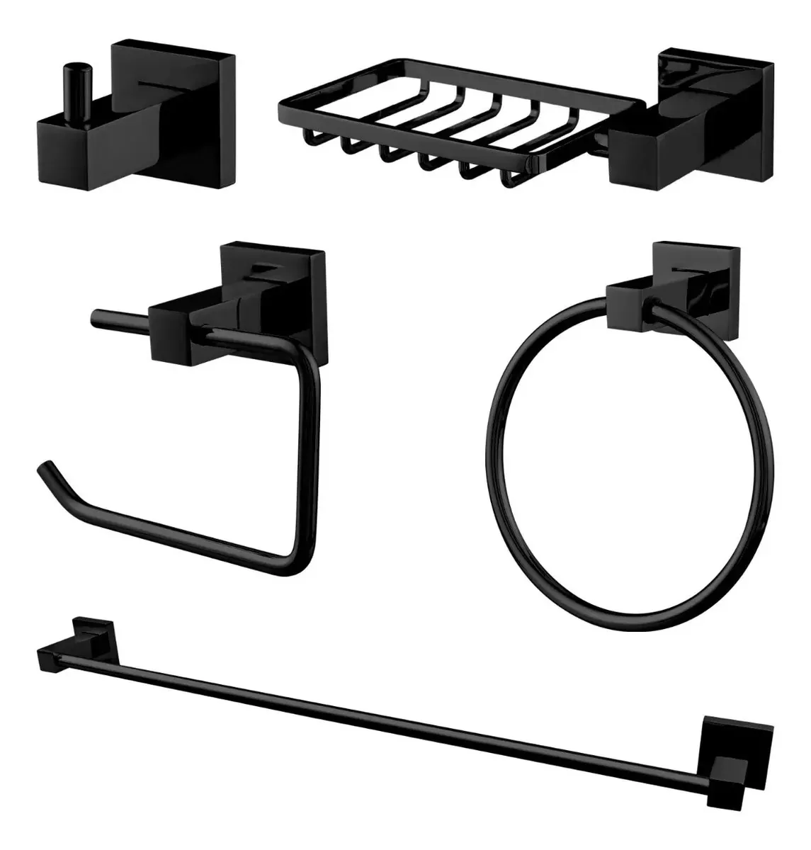 Kit Acessorios Para Banheiro Quadrado 5 Peças Preto Luxo