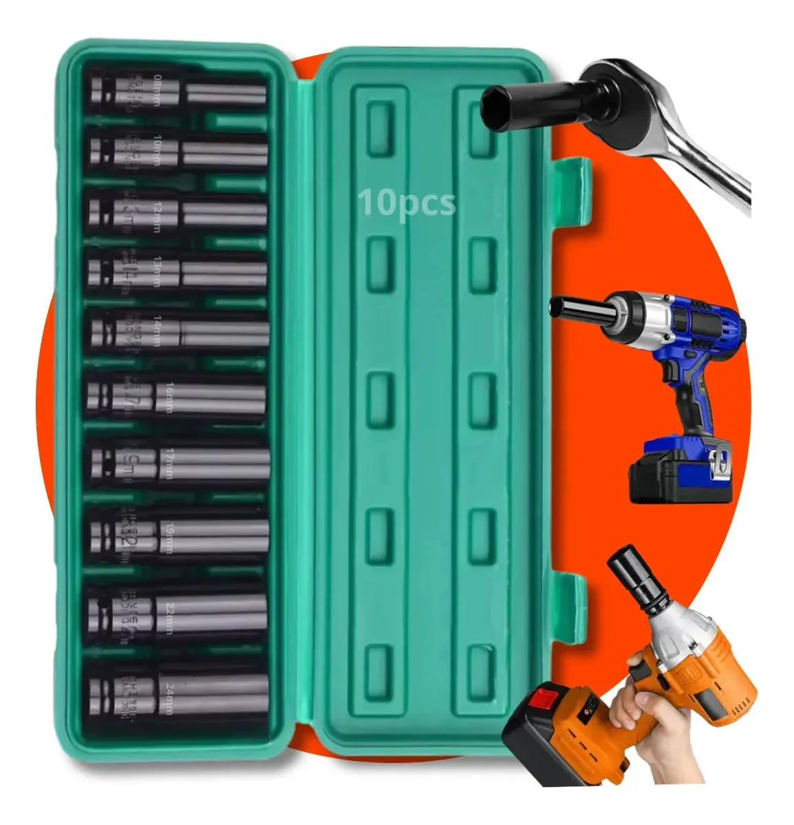 Jogo Soquete Longo Sextavado Impacto 1/2 8 A 24 Mm 10pcs Ver Verde