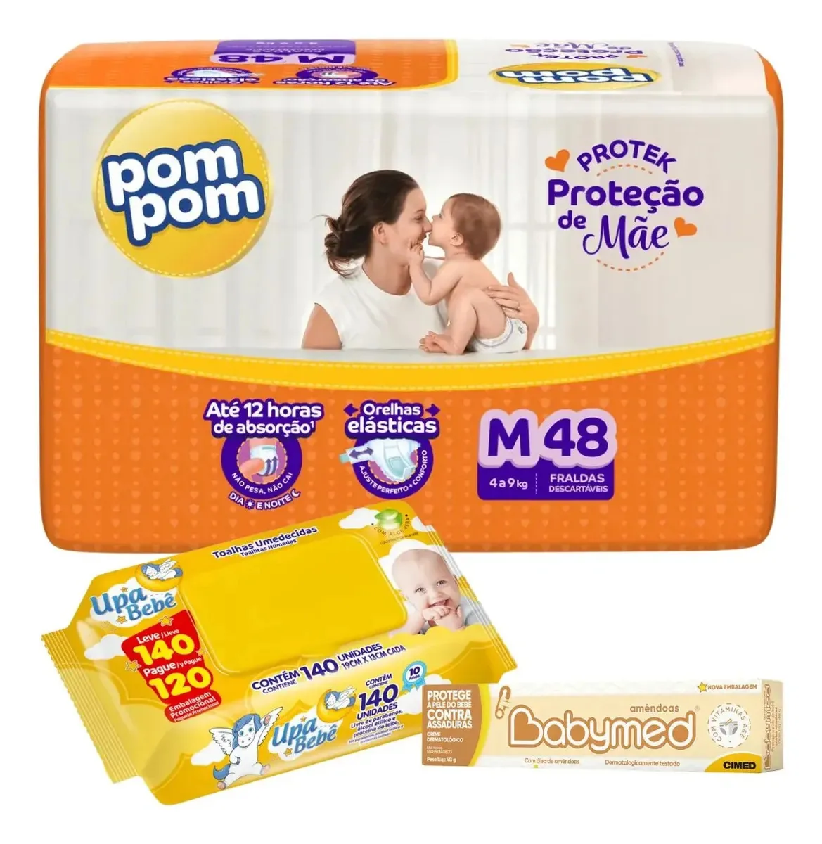 Kit Fralda Descartável Protek Mega + Lenço Upa Bebê + Creme Médio (m)