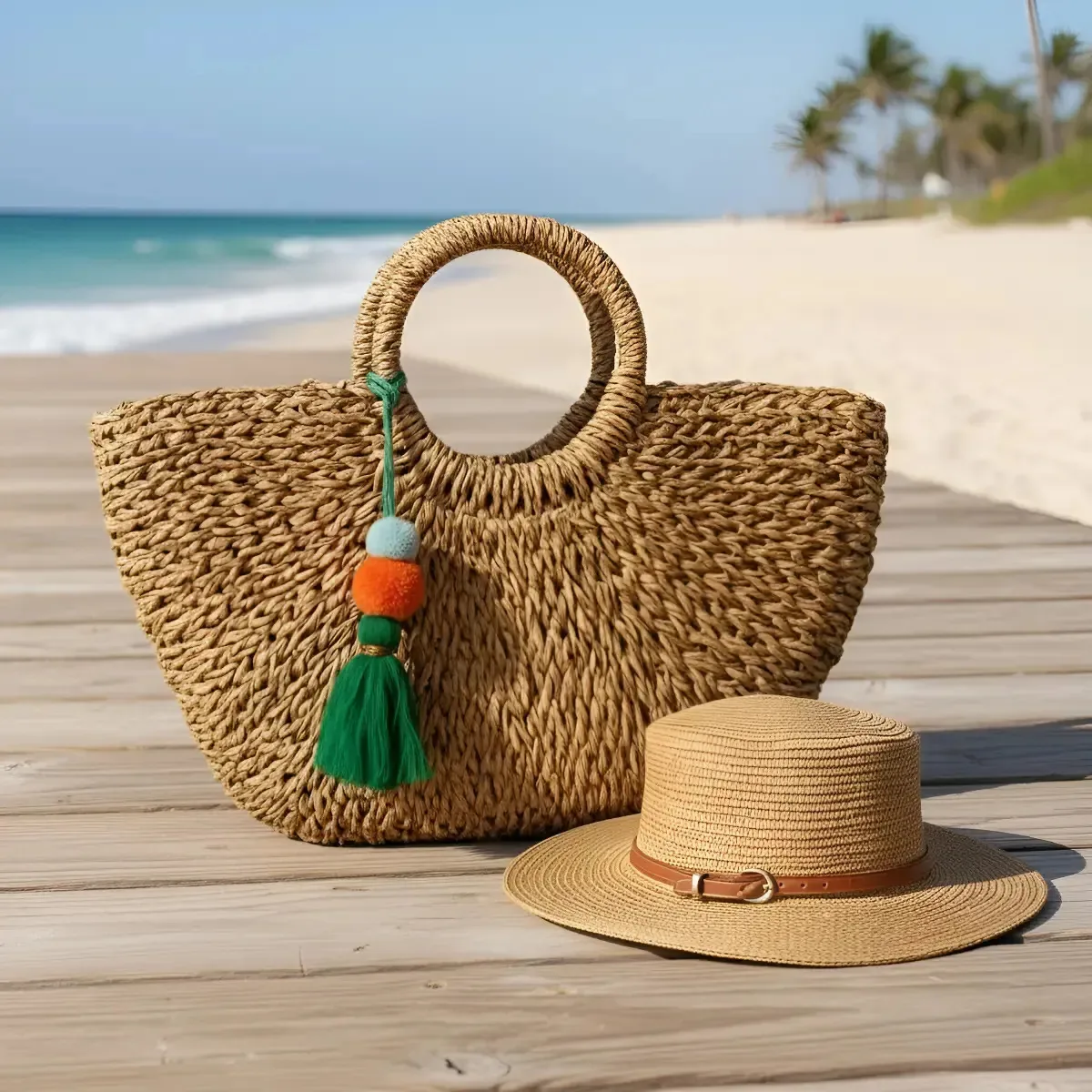 Kit Bolsa Feminina De Palha Grande Chapéu Fivela Moda Praia Bege Escuro Palha Trançada