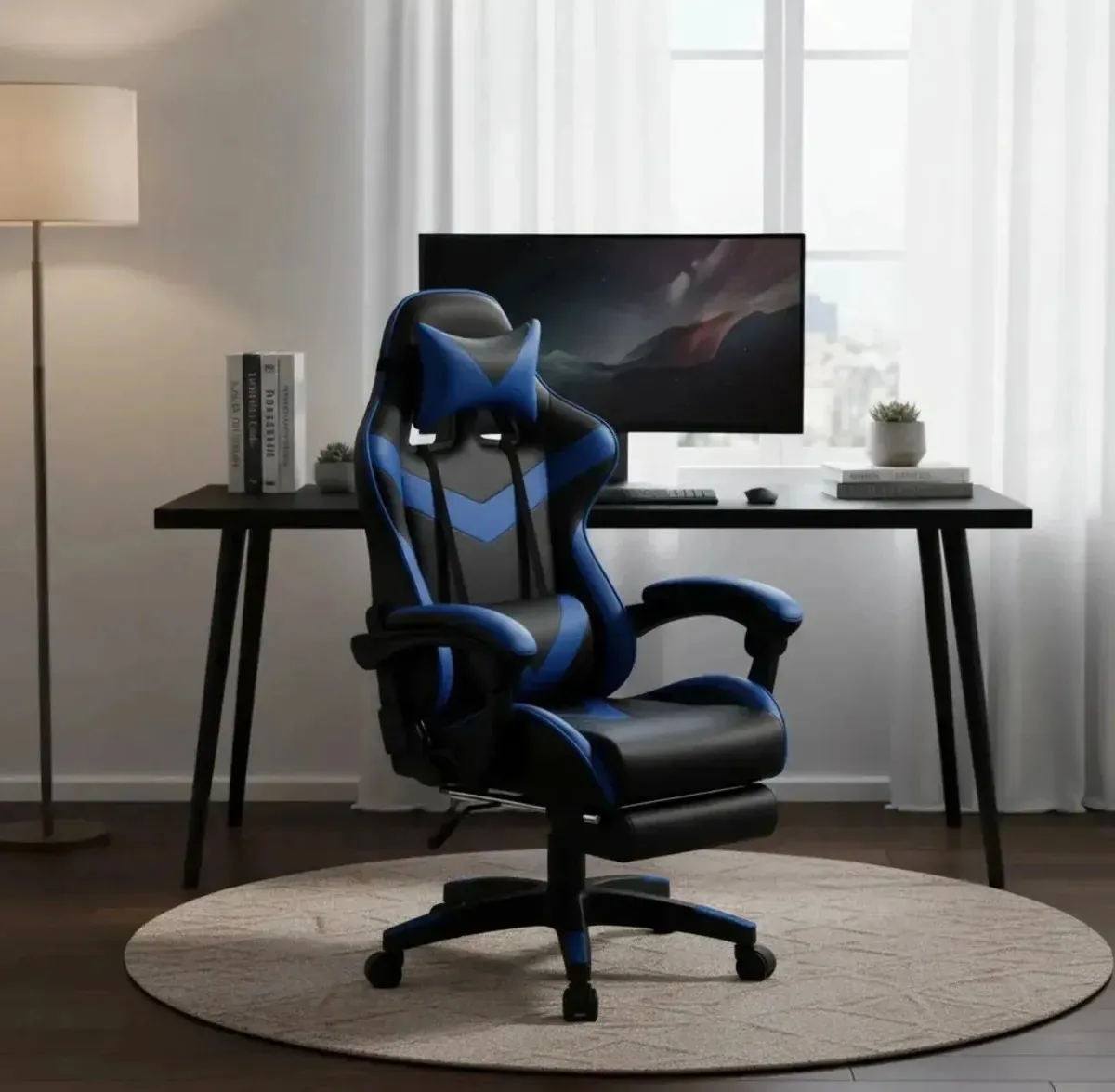 Cadeira Gamer Ergonômica Reclinável com Apoio para Pés Azul Sweet Studio