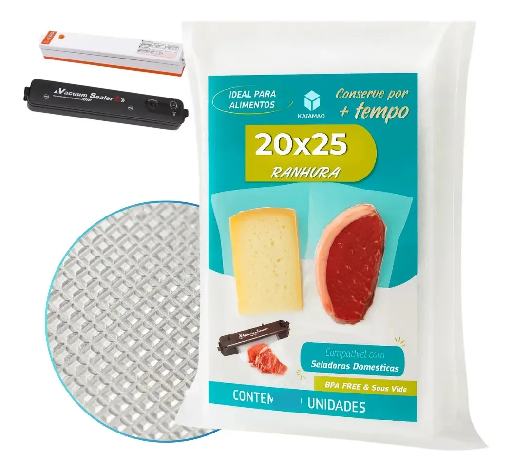 50 Sacos 20x25 Embalagem Ranhuras Gofrada Seladora A Vácuo Saco A Vacu Kit Embalagens Para Seladora Domestica A Vacu Saquinho Gofrado Ranhurado Selar Conservar Alimentos Sous Vide Bpa Free Freezer