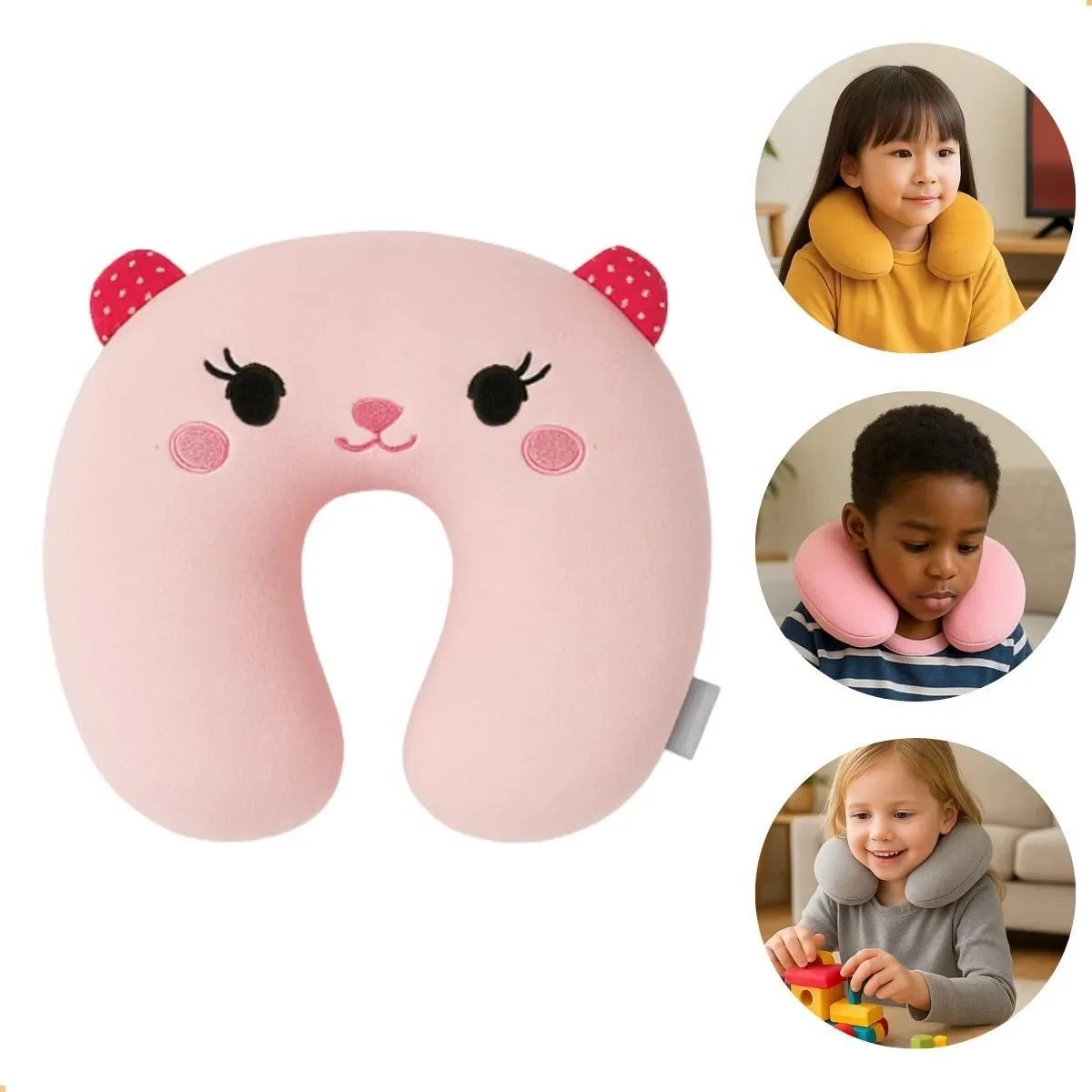 Almofada De Pescoço Infantil Travesseiro Viagem Confortável Rosa Bichinhos Bichinhos