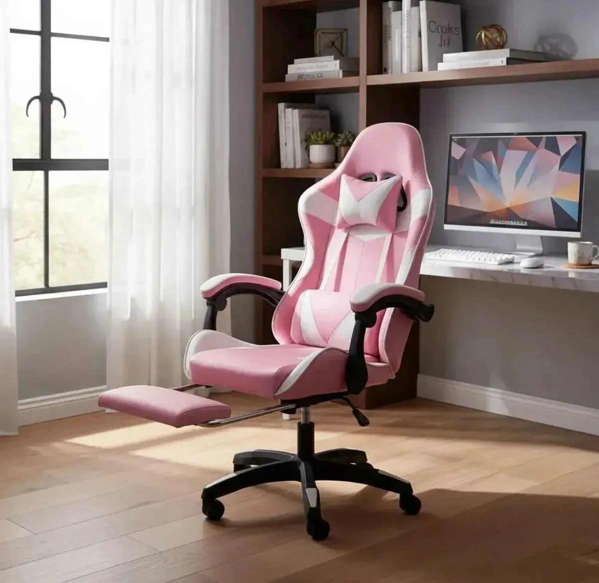 Cadeira Gamer Ergonômica Reclinável com Apoio de Pés e Cabeça, Rosa