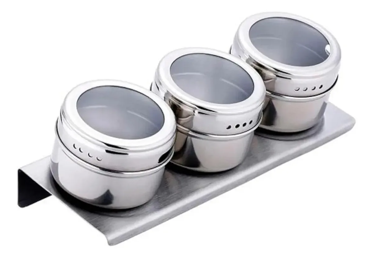 Porta Temperos Inox Kit 3 Bancada Cozinha Vidro Mesa