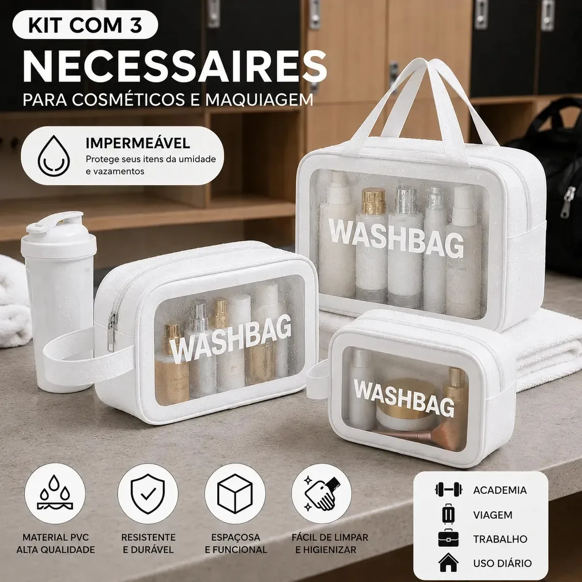 Kit 3 Necessaire Estojo De Toalete Organizador De Malas Kit Maternidade Cosméticos Shampoo Impermeável Ideal Para Áreas Molhadas Viagens Trabalho Academia Material PVC Qualidade Tche Amo Cor Branco