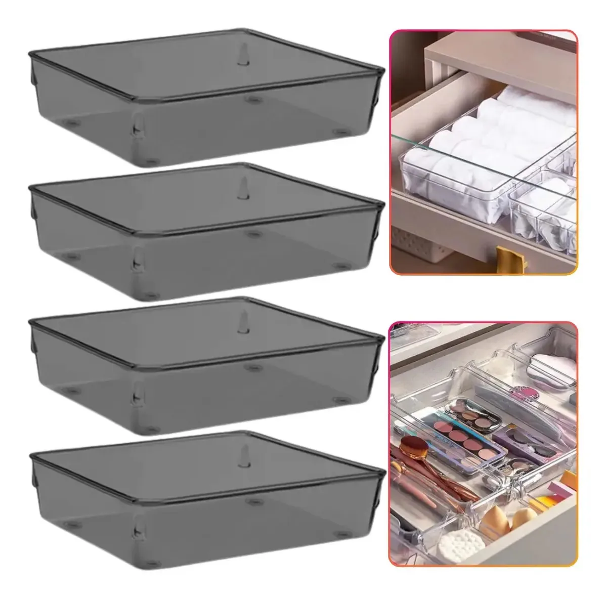 Kit com 4 Organizadores Grandes de Acrílico Fumê para Gaveta