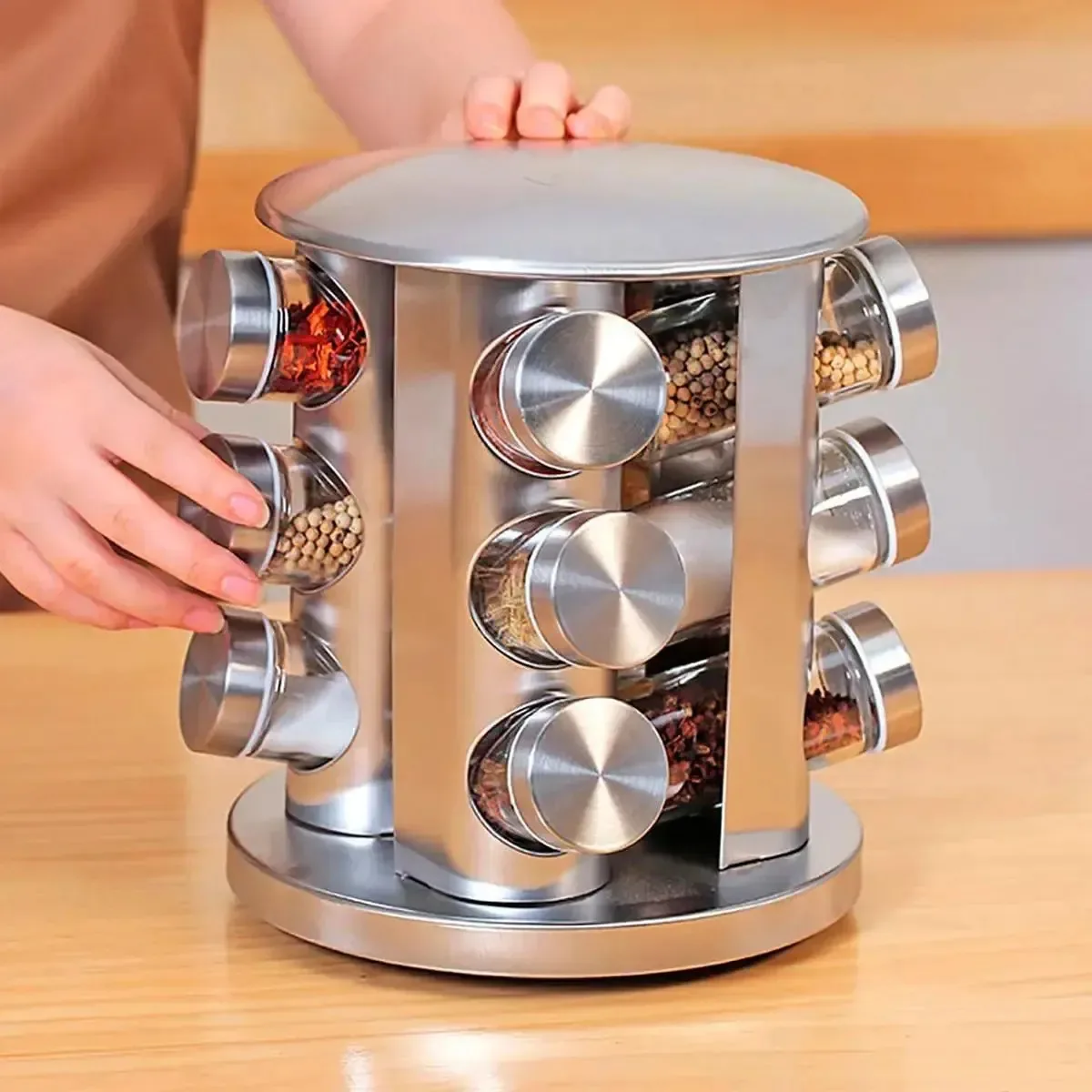 Conjunto Porta Temperos Vidro Giratório Inox Funcional