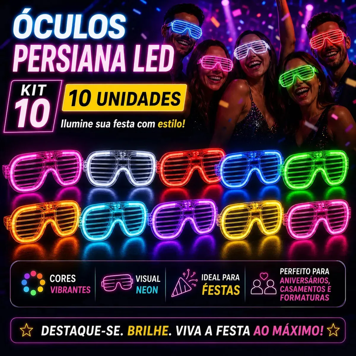 Óculos para Festa Led Neon Formatura Casamento Lembrancinha Personalizado Brilha no Escuro Aniversario Balada Despedida Evento Pisca Pisca Óculos Estilo Design Persiana Colorido Sortido Kit 15