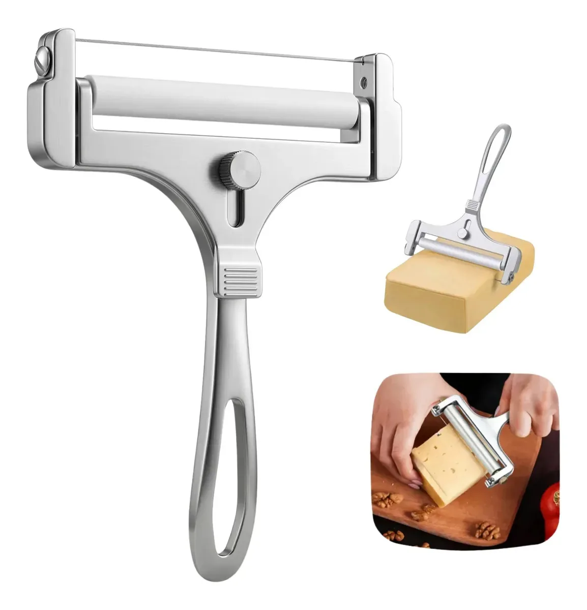 Fatiador De Queijos Frios Presunto Embutidos Js Market Manual Espátula Inox Cinza Fio Ajustável Prateado