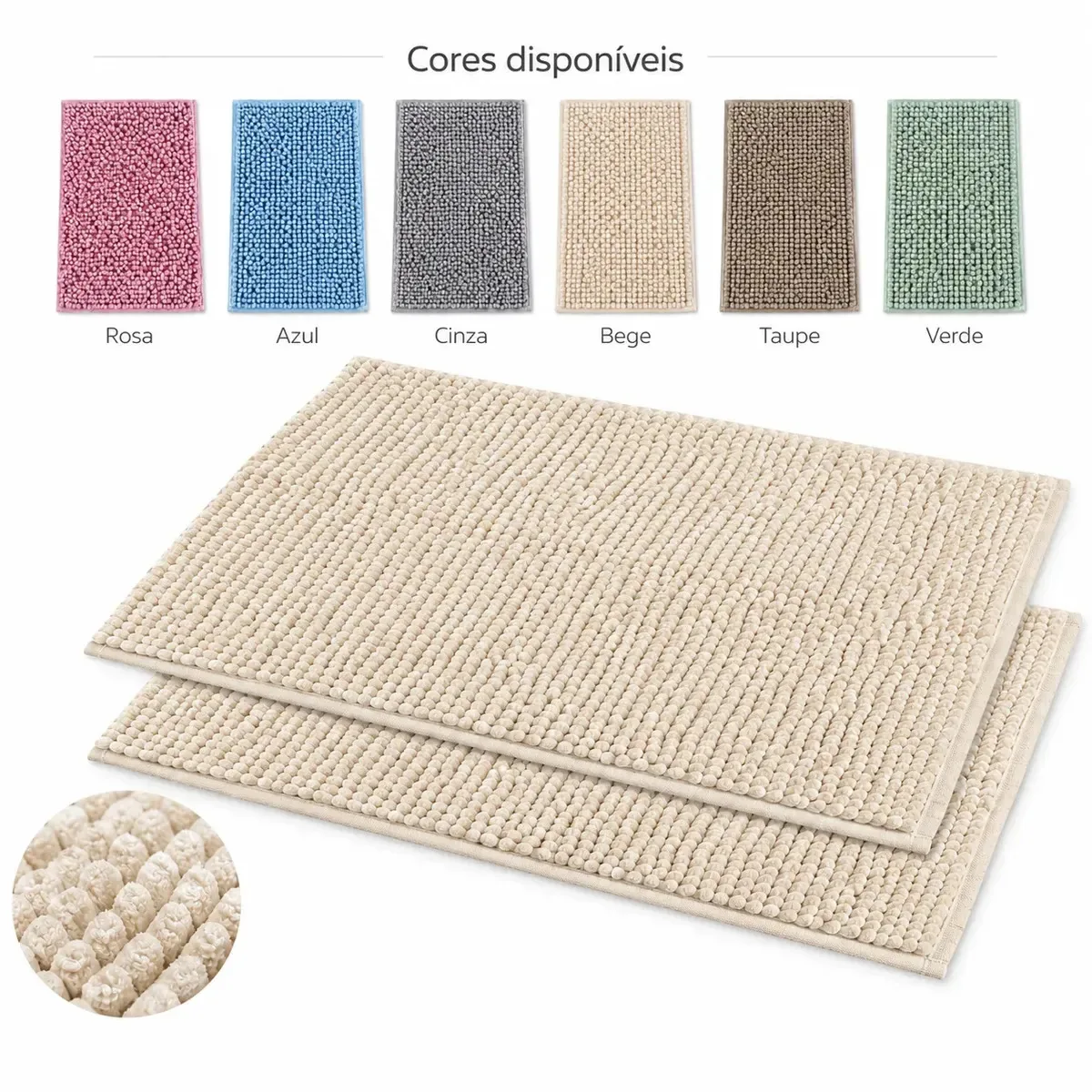 Kit 2 Tapetes para Banheiro Microfibra 38x58cm Antiderrapante Absorvente Macio Lavável em Máquina Bolinha Dedinho Chenille Seca os Pés Cor Bege