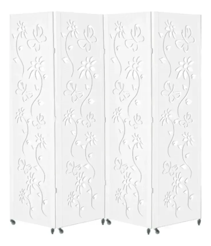 4 Biombo Divisória Mdf Separador Pintado Com Rodízio Nc Cor Branco Floral