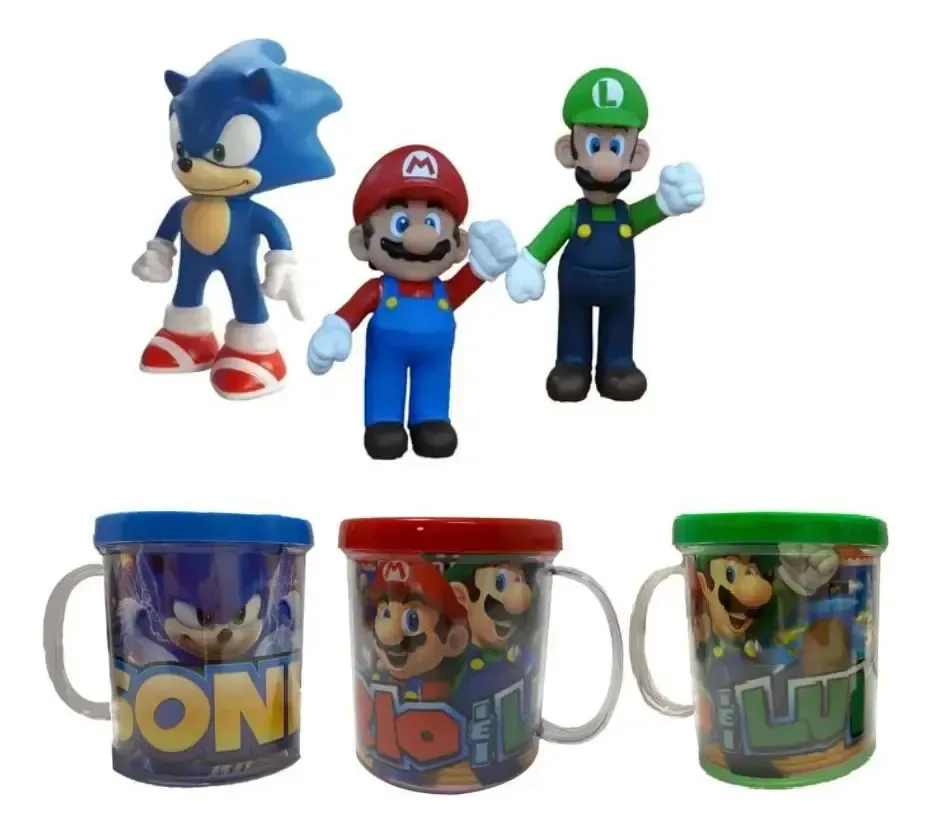 Kit 3 Bonecos Sonic, Mario, Luigi + Canecas 350ml