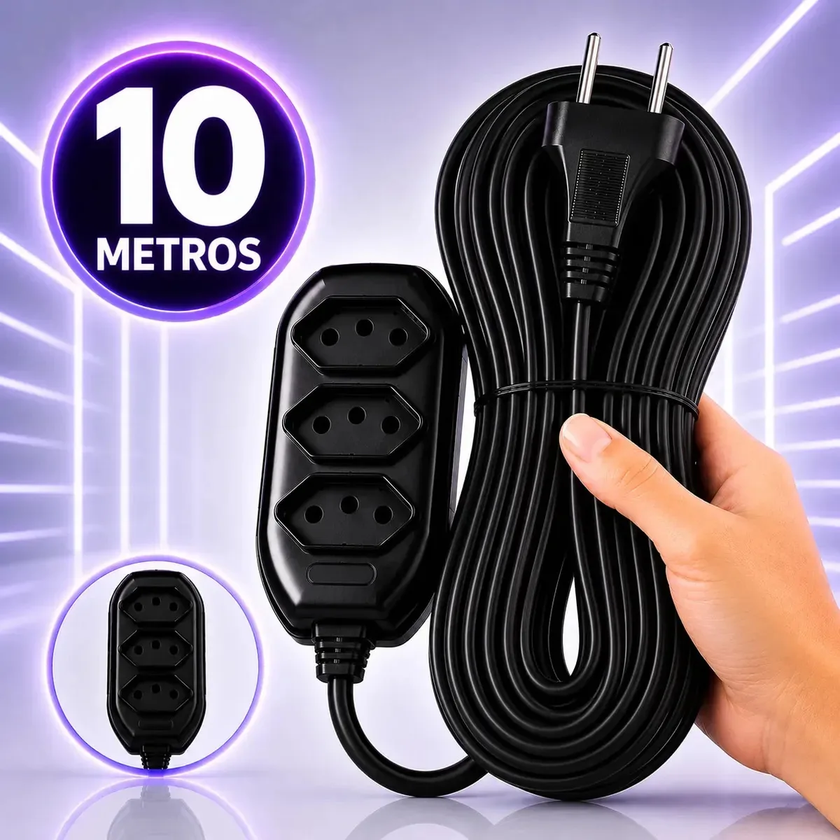 Extensão Elétrica 10 Metros Preto 3 Tomada Tripolar Bivolt 20vinte