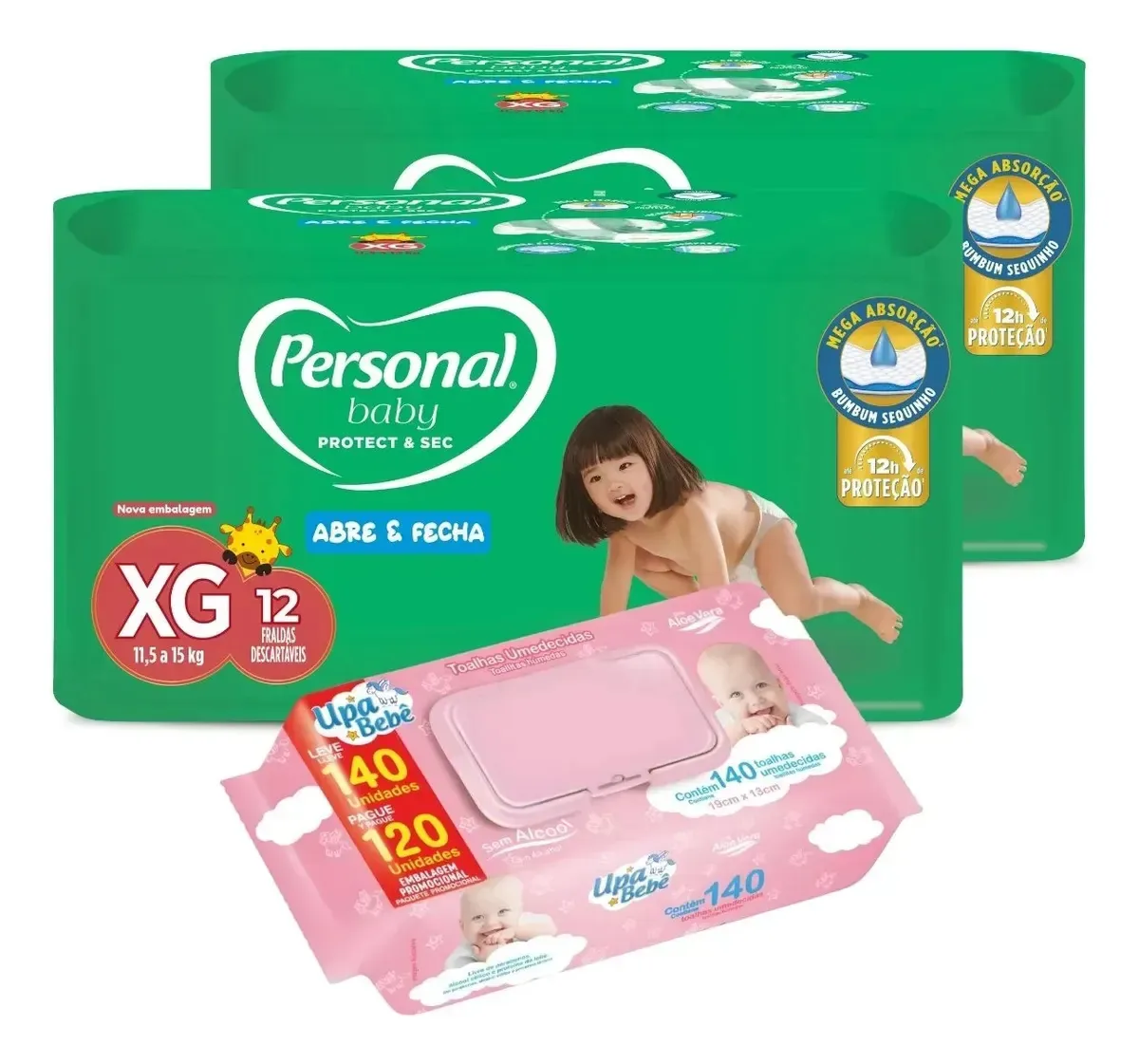 Kit 2 Fraldas Personal Baby + Lencinhos Umedecidos Upa Bebê Xg/rosa - 11,5 Até 15 Kg